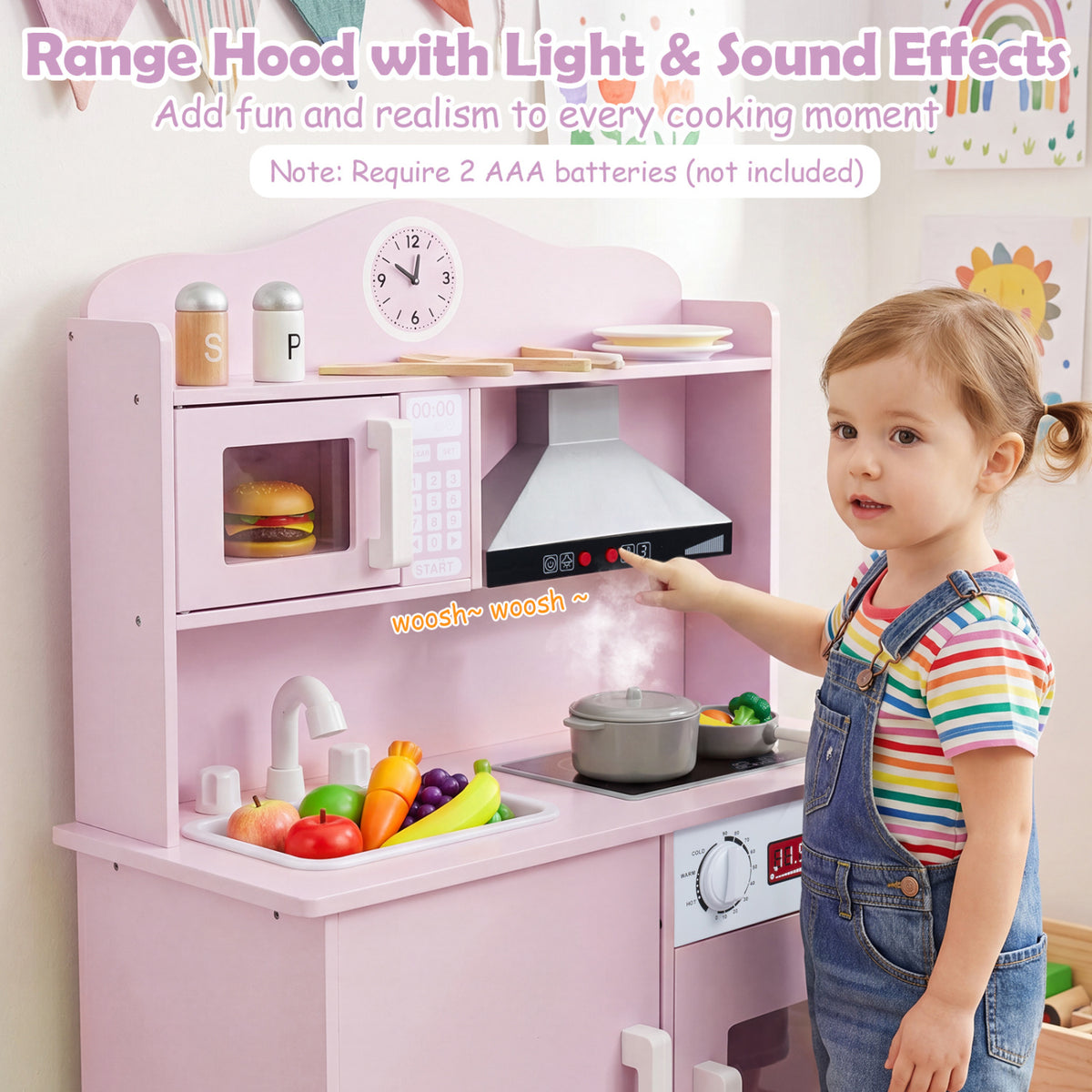 Play Kitchen for Kids Wooden Playset with Range Hood and Microwave-Pink