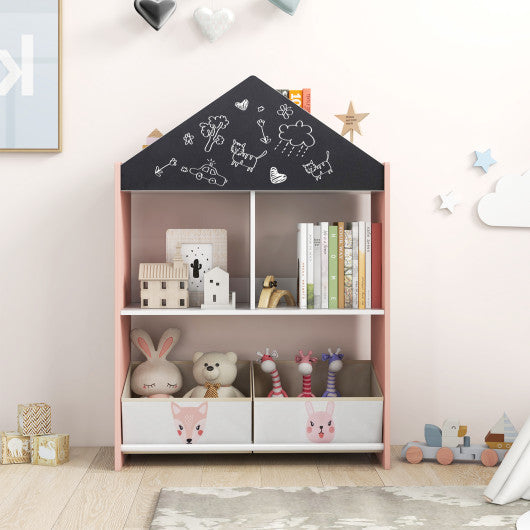Playhouse Kids Bookshelf with Chalkboard and Whiteboard for 3-6 Years-Pink