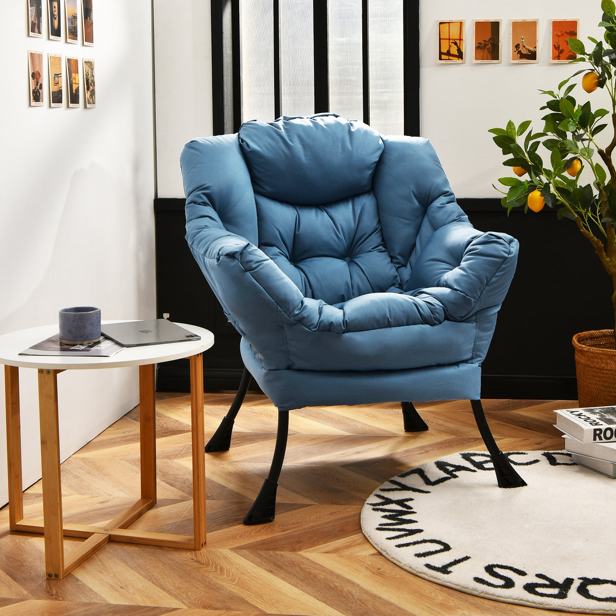 Modern Polyester Fabric Lazy Chair with Steel Frame and Side Pocket-Beige