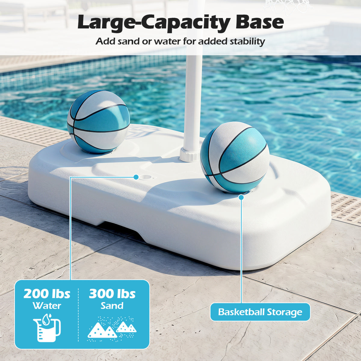Pool Basketball Hoop Set with 2 Balls and Pump for Water Games-White