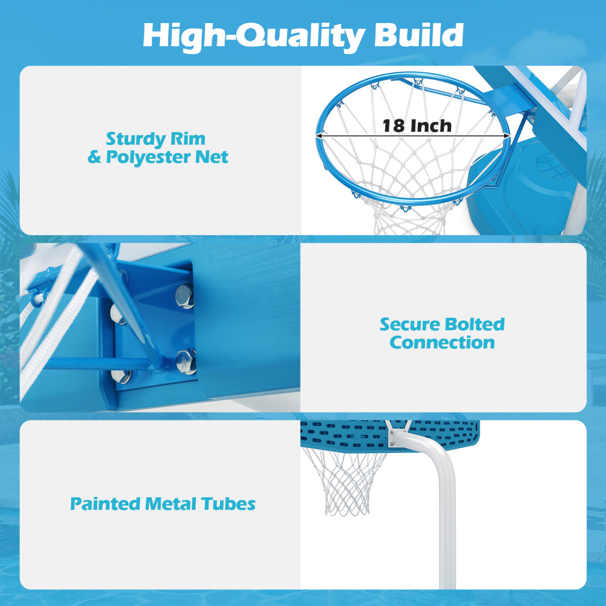 Pool Basketball Hoop Set with 2 Balls and Pump for Water Games-Light Blue