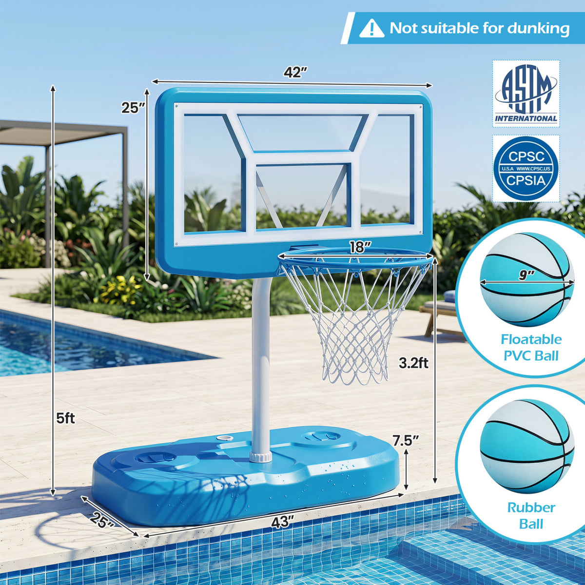 Pool Basketball Hoop Set with 2 Balls and Pump for Water Games-Light Blue