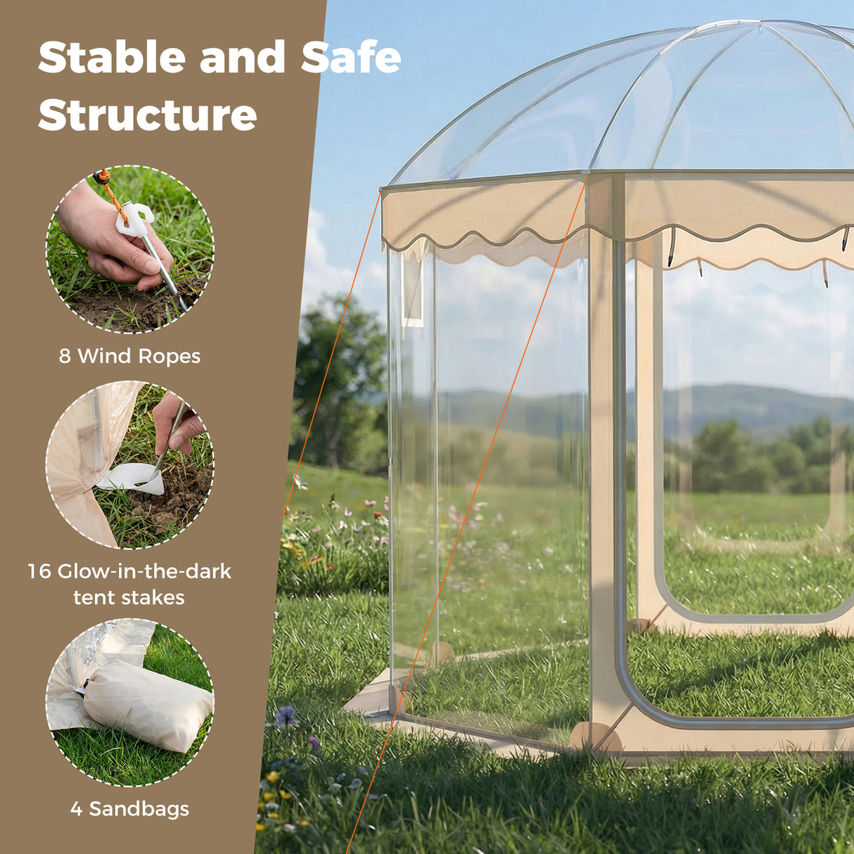 Pop Up Bubble Tent 10x10 FT for 8-10 People Weatherproof Pod with 540 ° Panoramic Clear PVC