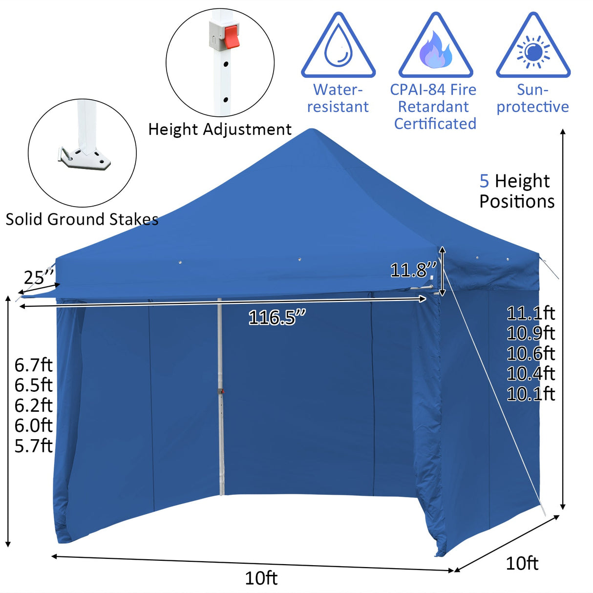 10 x 10 Feet Pop-up Gazebo with 5 Removable Zippered Sidewalls and Extended Awning-Blue by DirectDeals