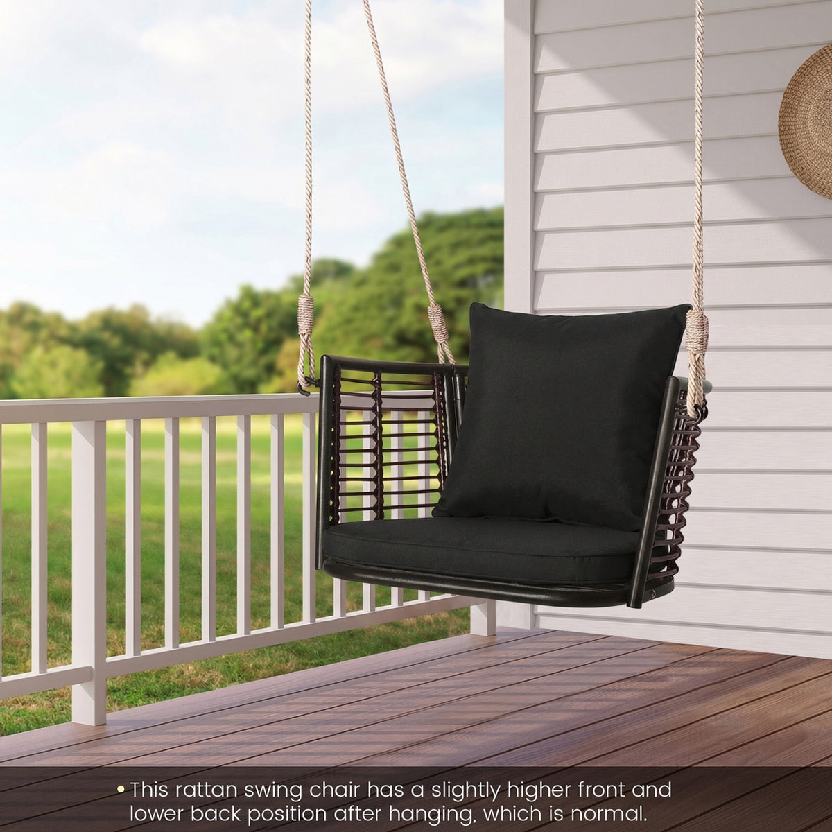 Porch Swing Patio Hanging Rattan Chair with Zippered Cushions and Rope-Black