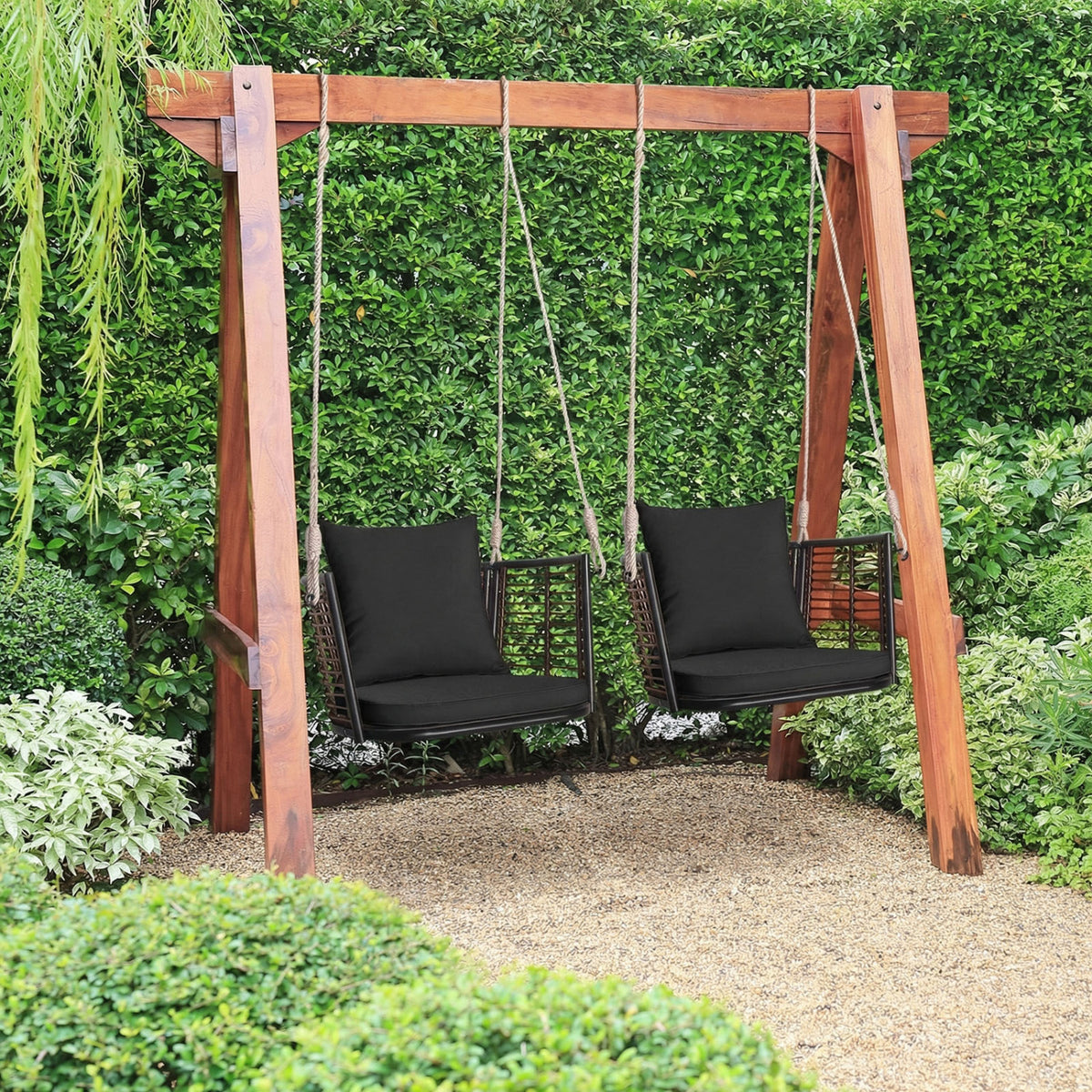 Porch Swing Patio Hanging Rattan Chair with Zippered Cushions and Rope-Black