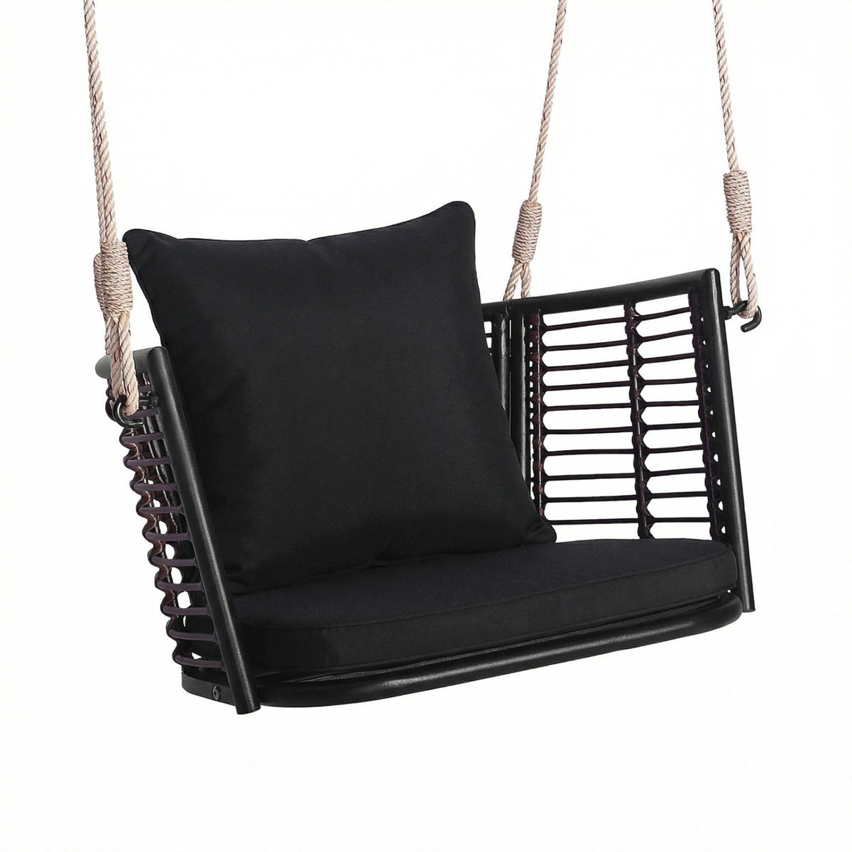 Porch Swing Patio Hanging Rattan Chair with Zippered Cushions and Rope-Black