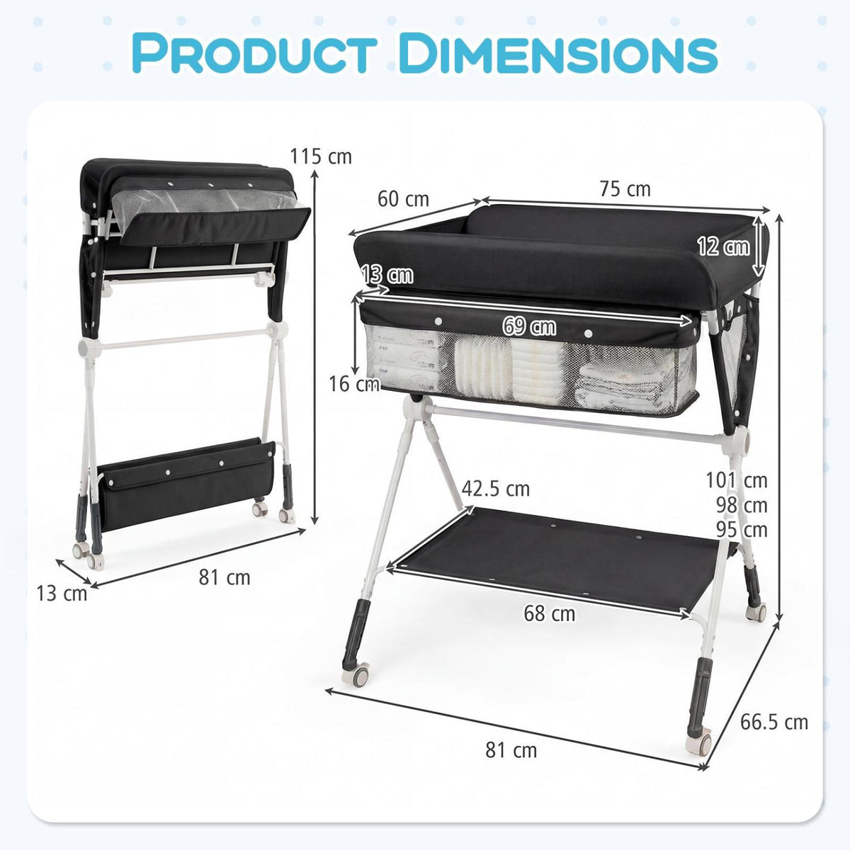 Portable Baby Changing Table with 3-Level Adjustable Height-Black
