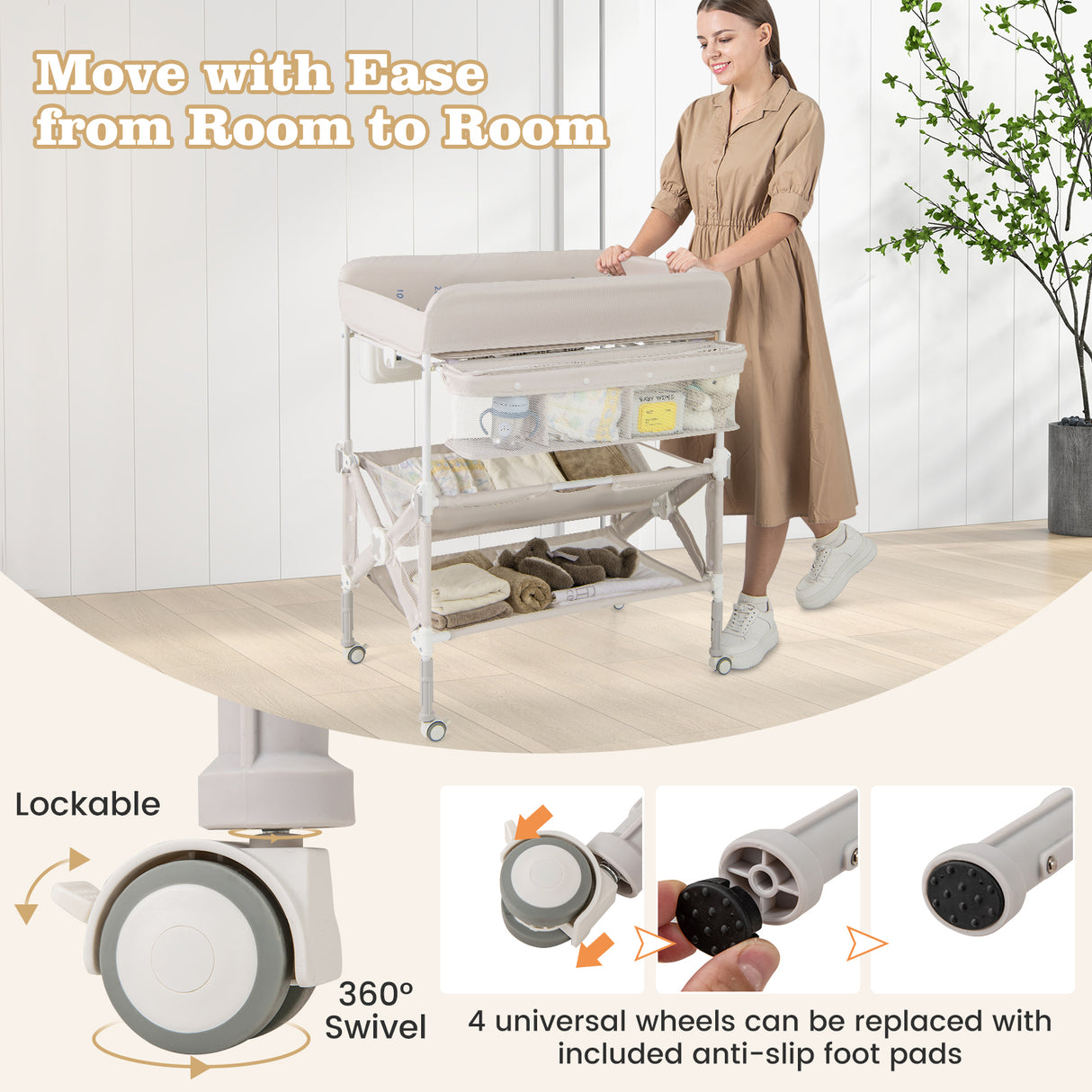 Portable Baby Changing Table with Wheels and Large Storage Rack-Natural