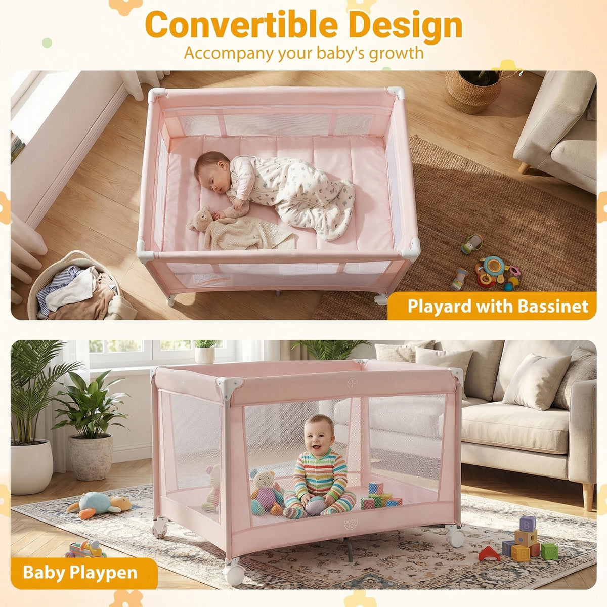 Portable Baby Playard Folding Travel Crib for Infants with Soft Mattress-Pink