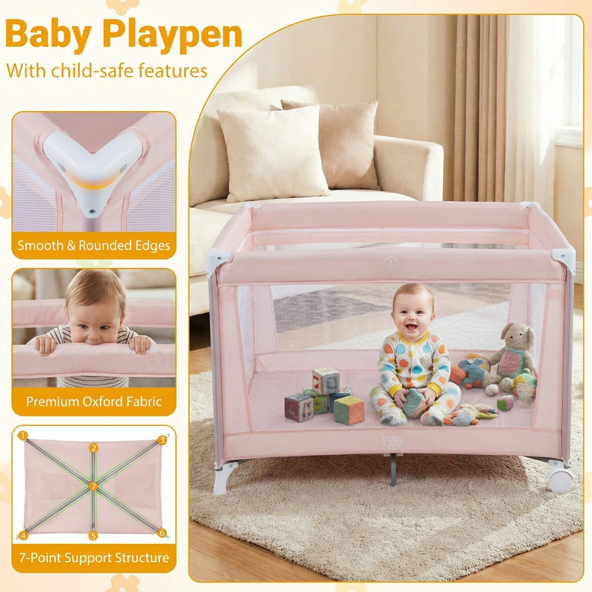 Portable Baby Playard Folding Travel Crib for Infants with Soft Mattress-Pink