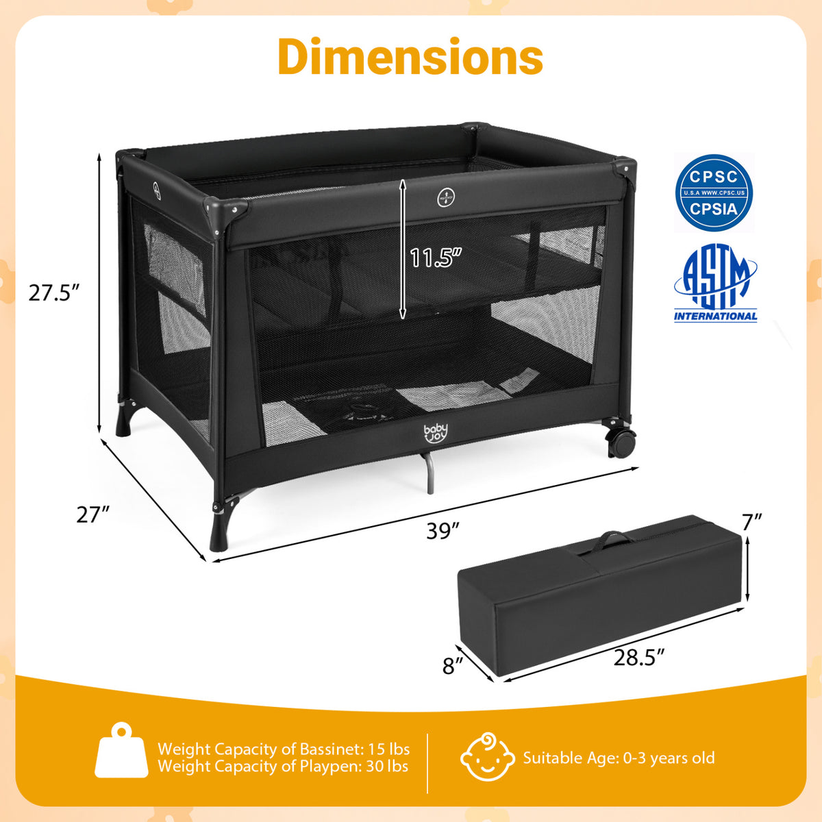 Portable Baby Playard Folding Travel Crib for Infants with Soft Mattress-Black