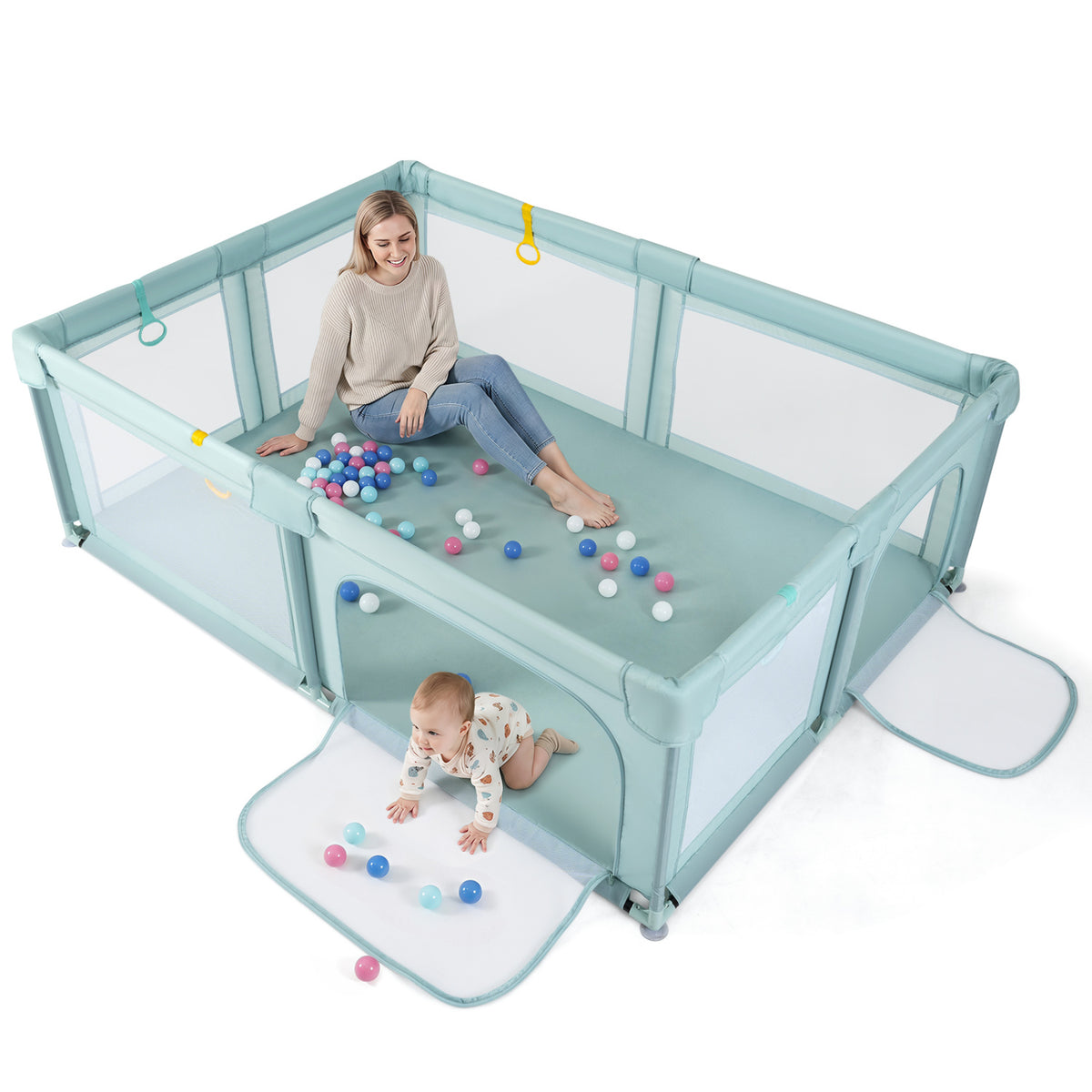 Portable Baby Playpen with 50 Ocean Balls Breathable Mesh and Safe Zippered Doors-Blue