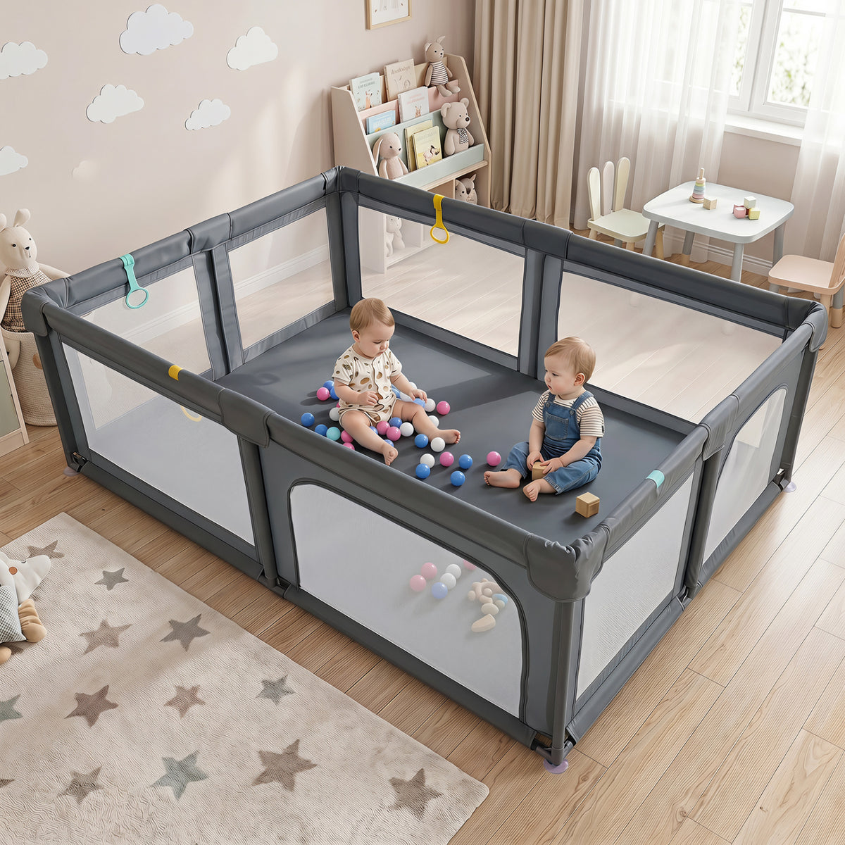 Portable Baby Playpen with 50 Ocean Balls Breathable Mesh and Safe Zippered Doors-Gray