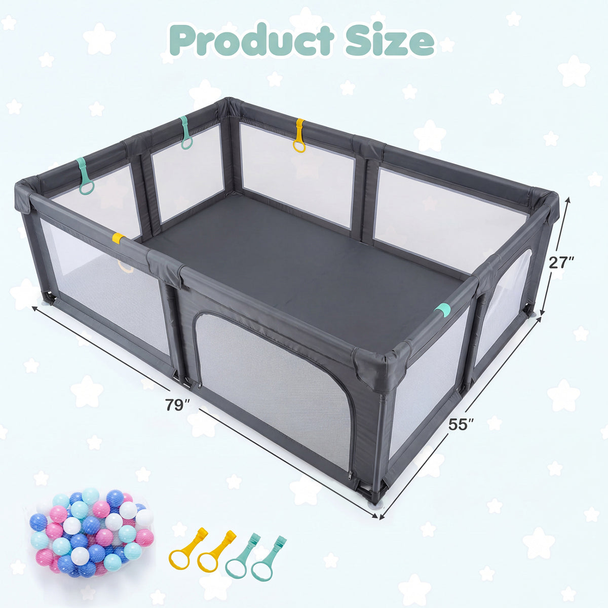 Portable Baby Playpen with 50 Ocean Balls Breathable Mesh and Safe Zippered Doors-Gray