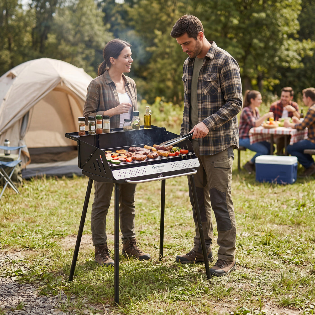 Portable Charcoal Grill with Detachable Legs Adjustable Grate and Carrying Bag