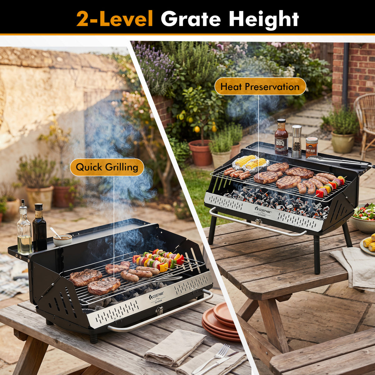 Portable Charcoal Grill with Detachable Legs Adjustable Grate and Carrying Bag