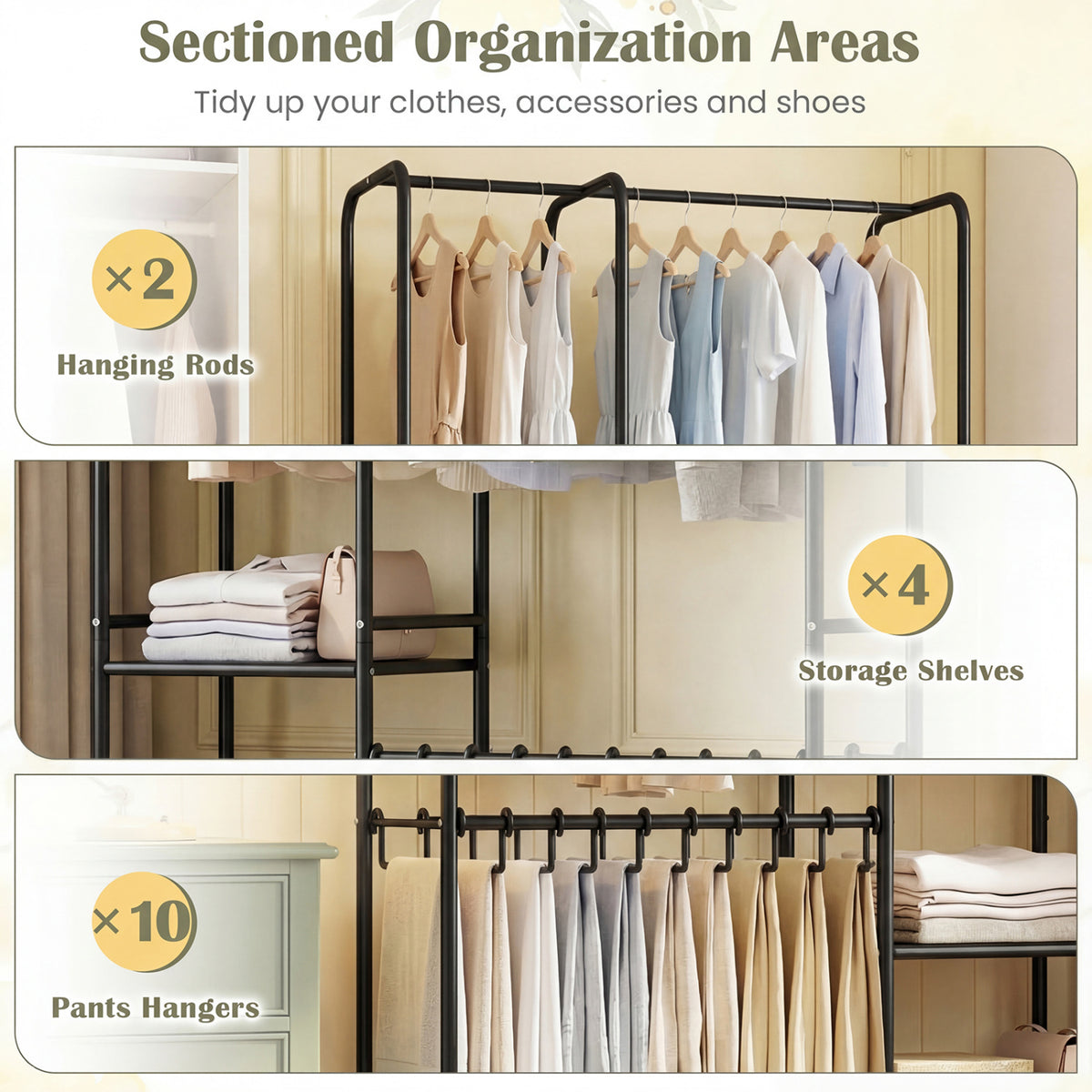 Portable Closet with Pants Hangers and 2 Hanging Rods and 4 Storage Shelves-Black