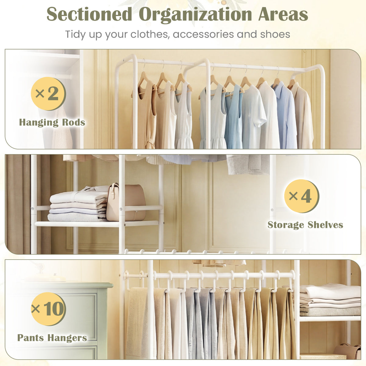 Portable Closet with Pants Hangers and 2 Hanging Rods and 4 Storage Shelves-White