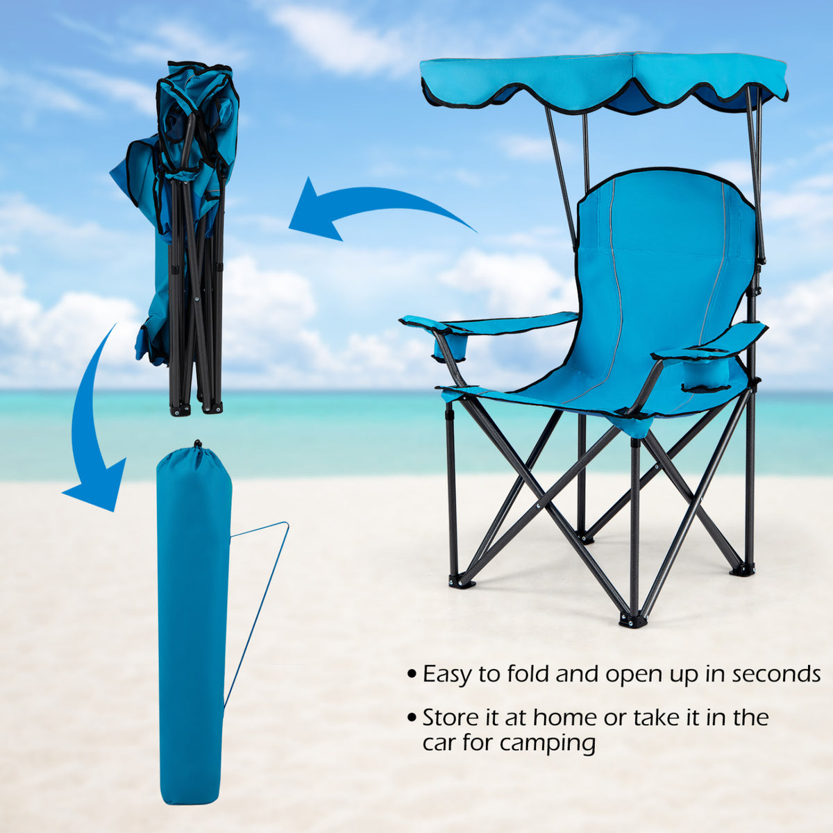 Portable Folding Beach Canopy Chair with Cup Holders-Light Blue