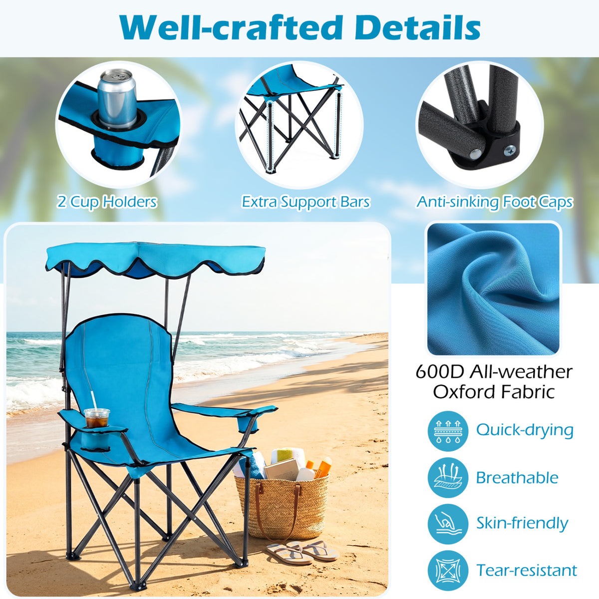 Portable Folding Beach Canopy Chair with Cup Holders-Light Blue