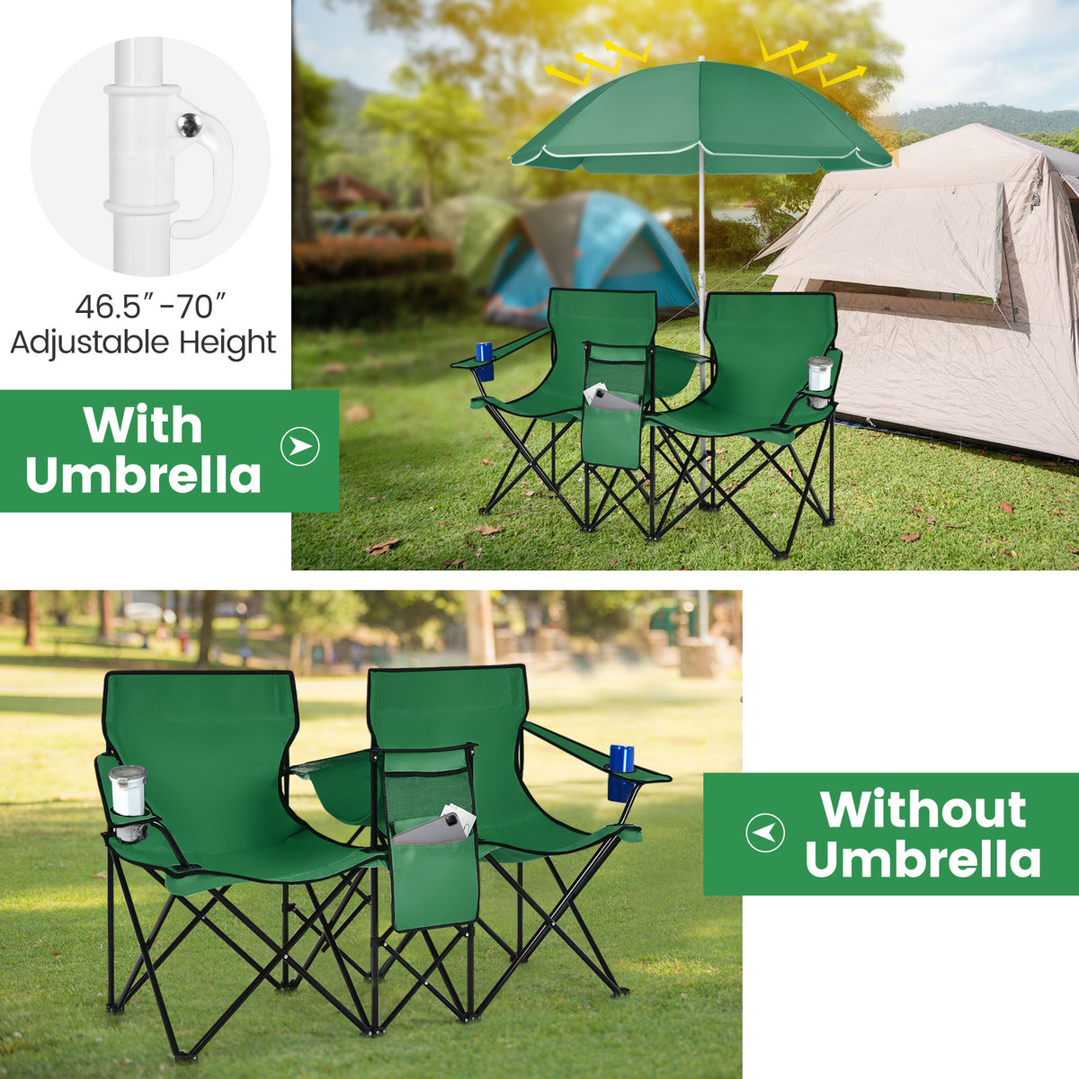 Portable Folding Picnic Double Chair With Removable Umbrella-Green