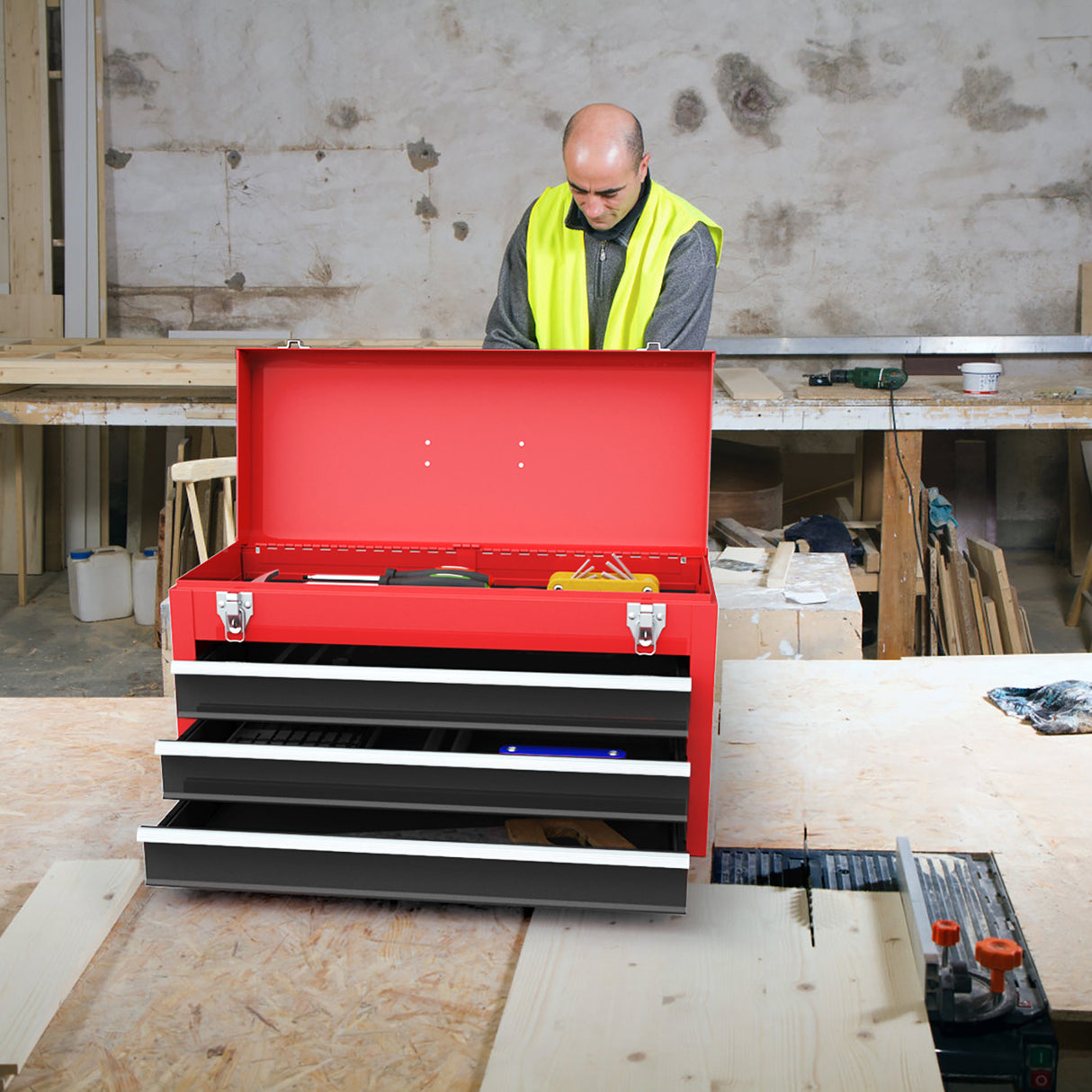 Portable Garage Mechanic Tool Cabinet Box with 3 Drawers-Black & Red