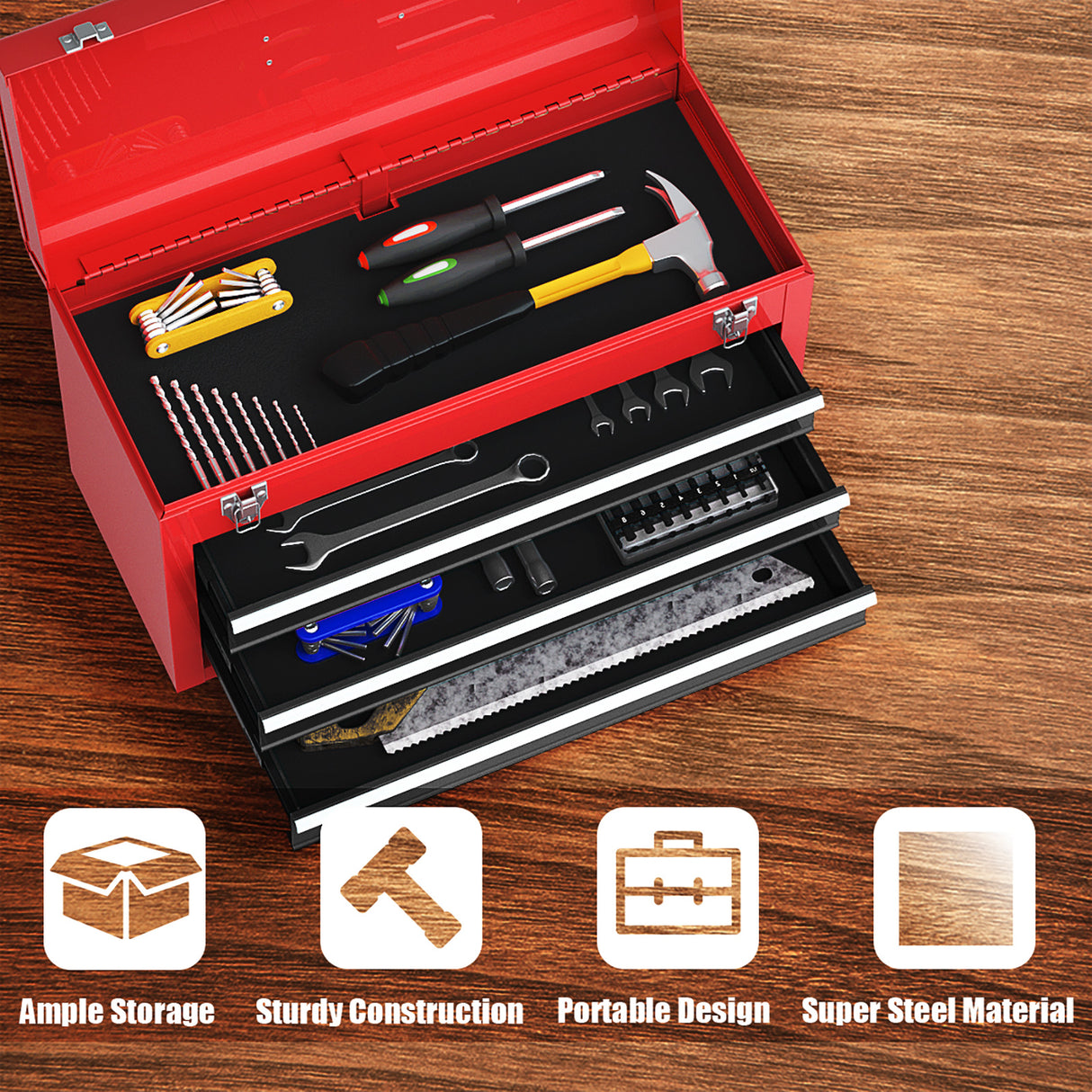 Portable Garage Mechanic Tool Cabinet Box with 3 Drawers-Black & Red