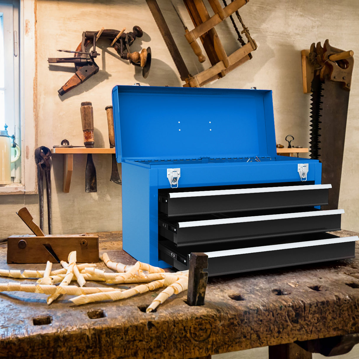 Portable Garage Mechanic Tool Cabinet Box with 3 Drawers-Blue