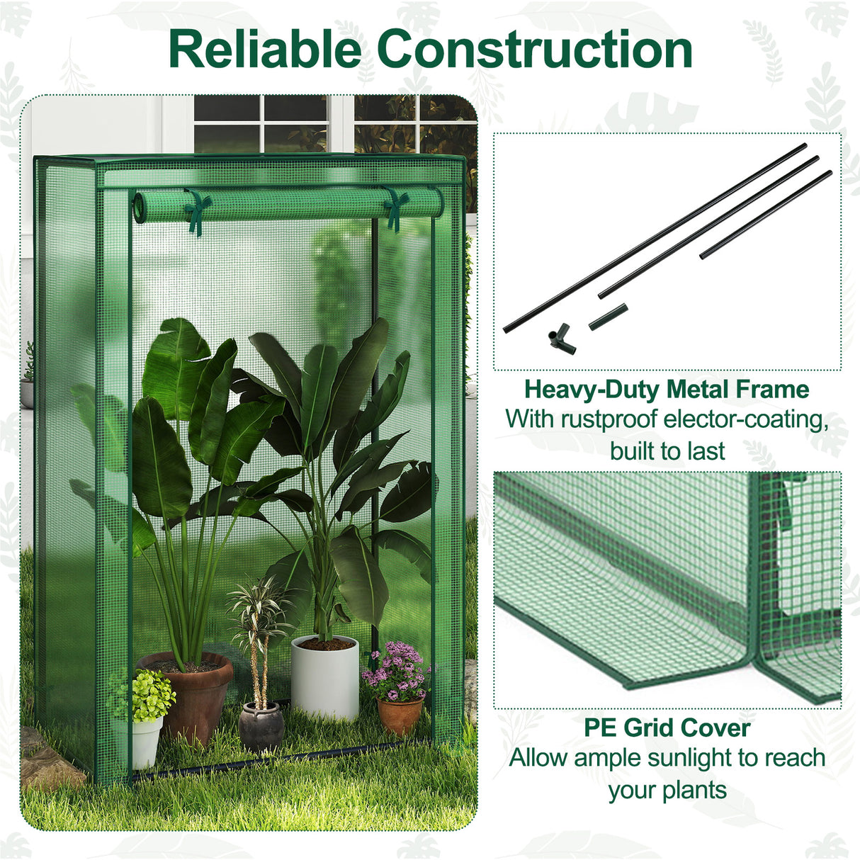 Portable Mini Greenhouse with Roll-Up Zippered Door-Green