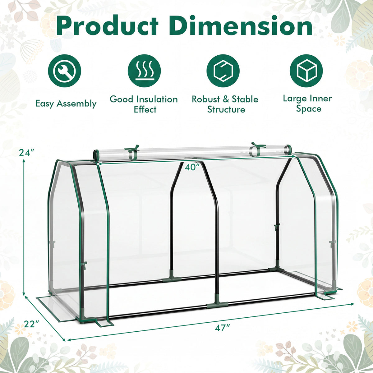 Portable Mini Greenhouse with PE Cover and Zippered Door for Vegetables-Green