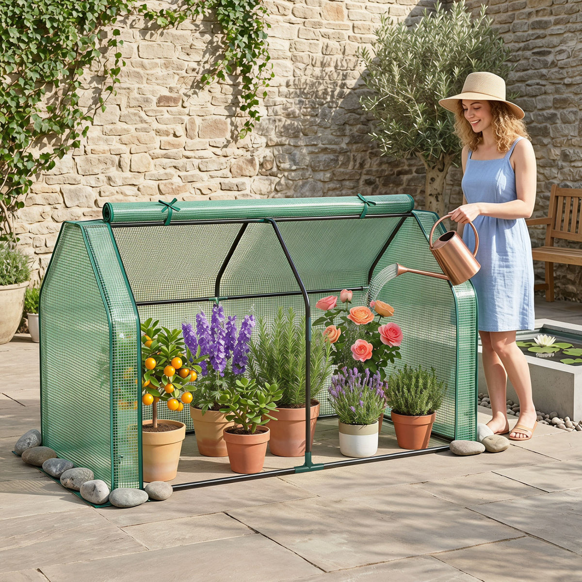 Portable Mini Greenhouse Small Garden Greenhouse with PE Cover and Zippered Roll-up Door for Vegetables-Green