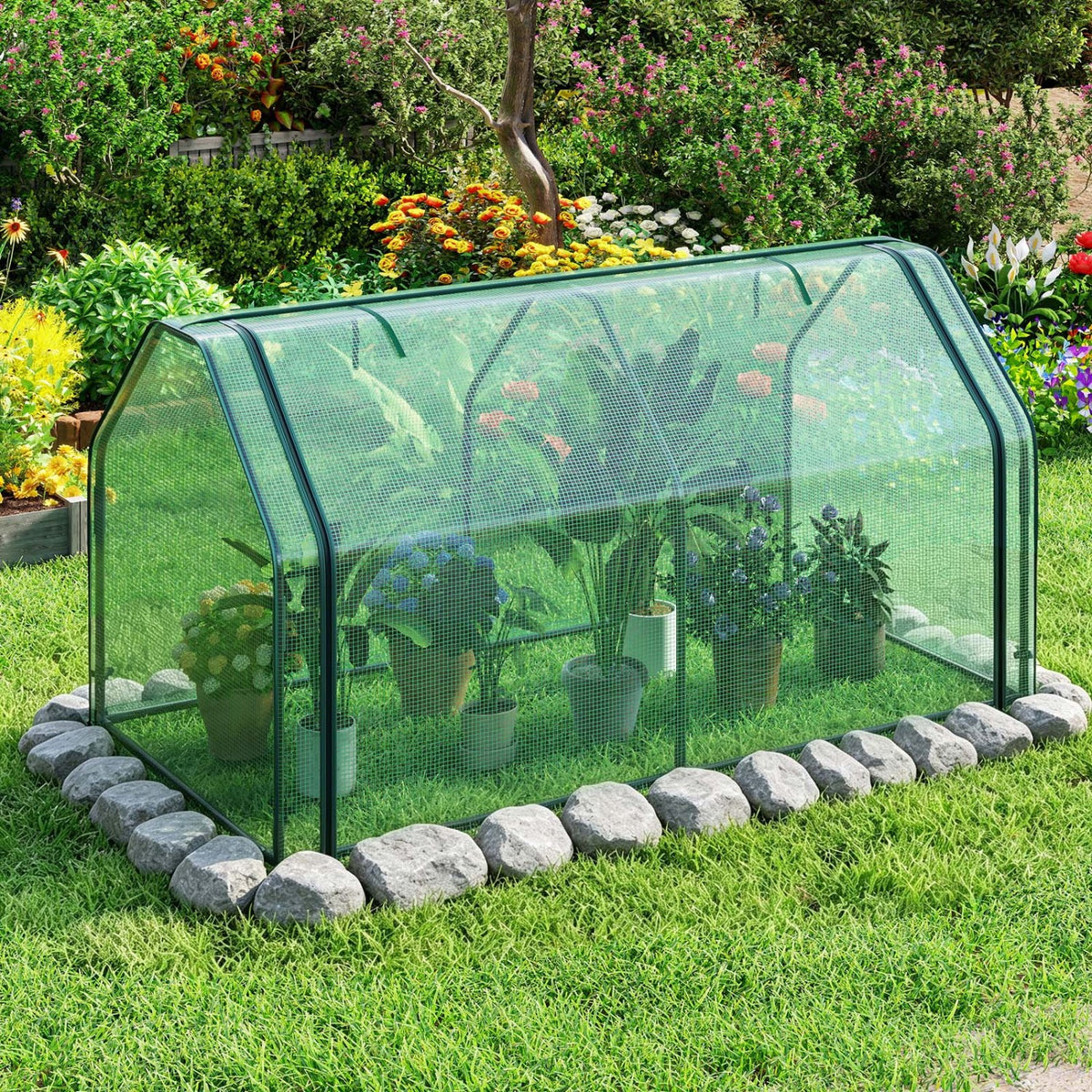 Portable Mini Greenhouse Small Garden Greenhouse with PE Cover and Zippered Roll-up Door for Vegetables-Green
