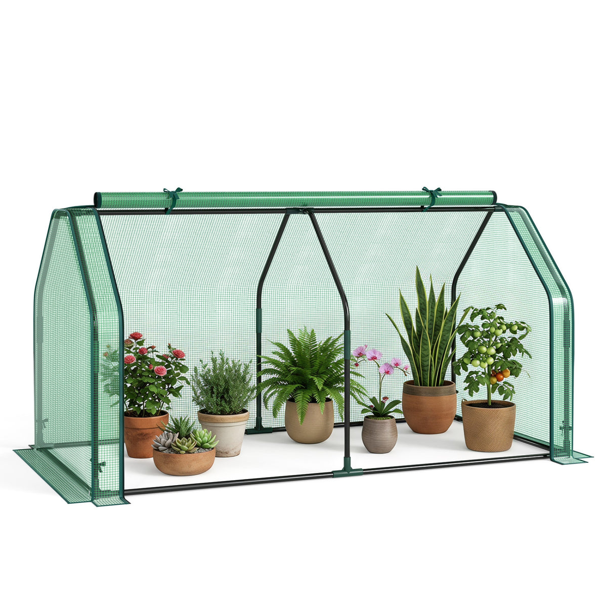 Portable Mini Greenhouse Small Garden Greenhouse with PE Cover and Zippered Roll-up Door for Vegetables-Green