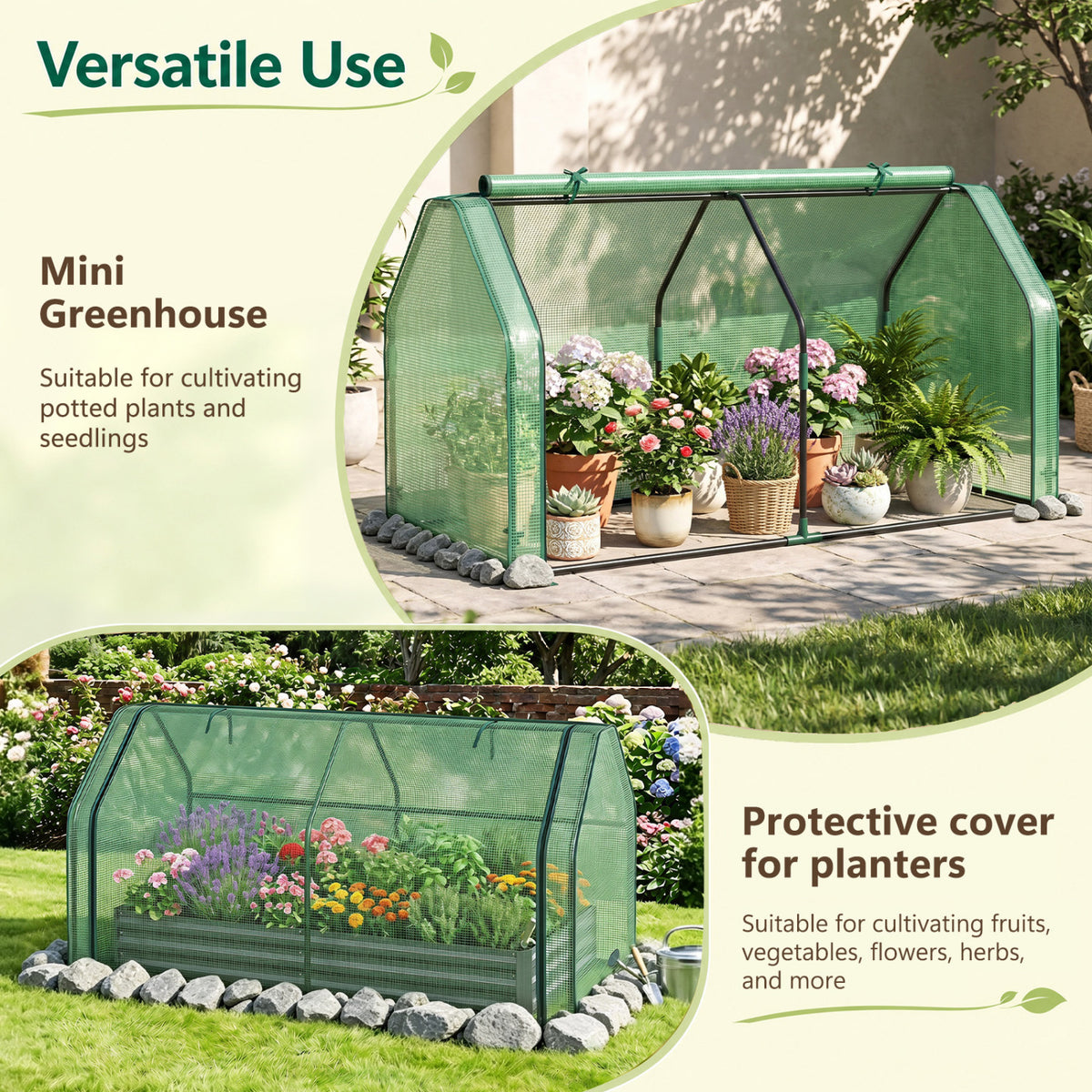 Portable Mini Greenhouse Small Garden Greenhouse with PE Cover and Zippered Roll-up Door for Vegetables-Green