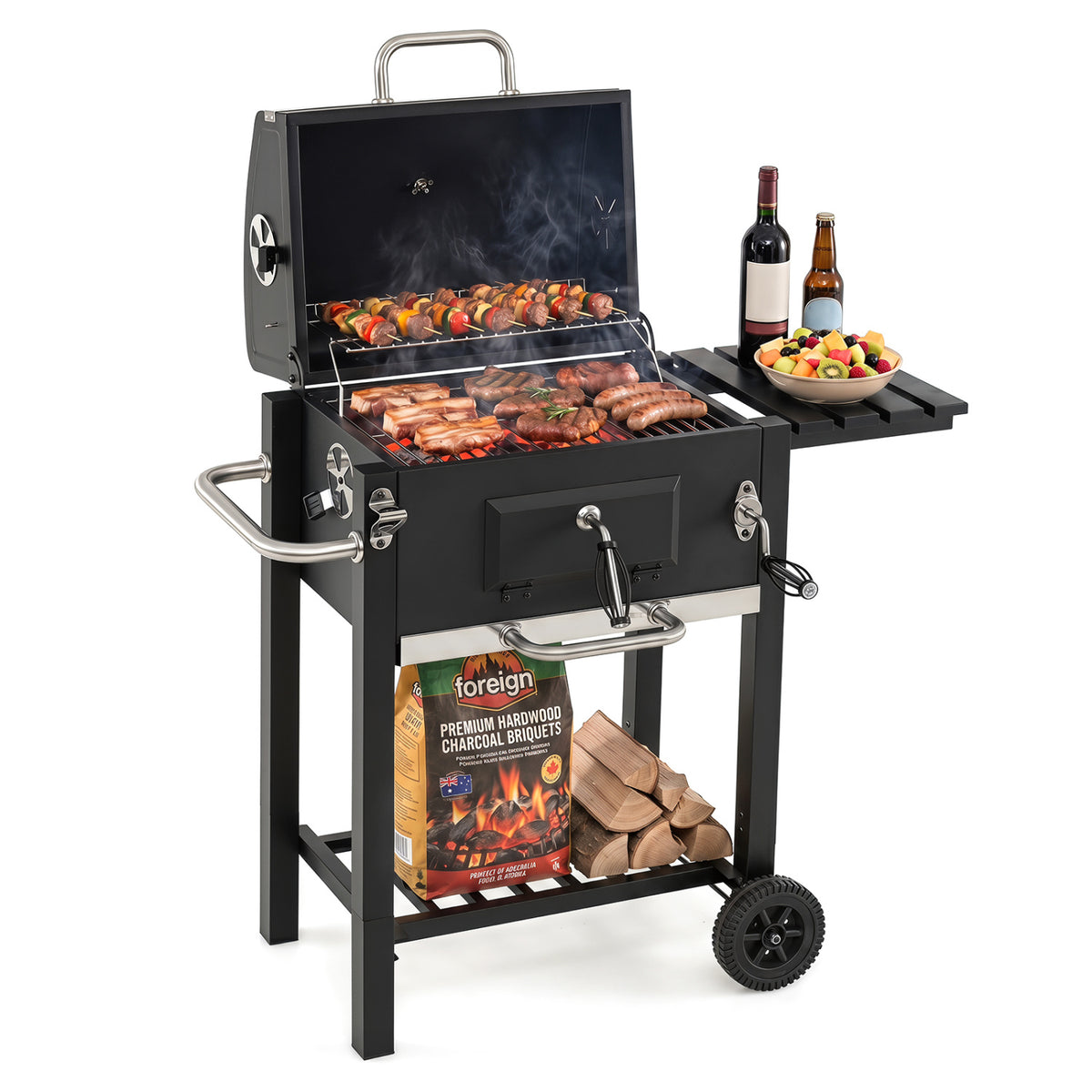 Portable Outdoor Barbecue Grill with Adjustable Charcoal Tray and Wheels-Black