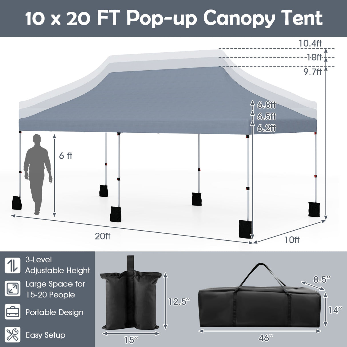 10 X 20 FT Pop up Canopy Tent Foldable Portable Outdoor Gazebo with Carry Bag-Gray by DirectDeals