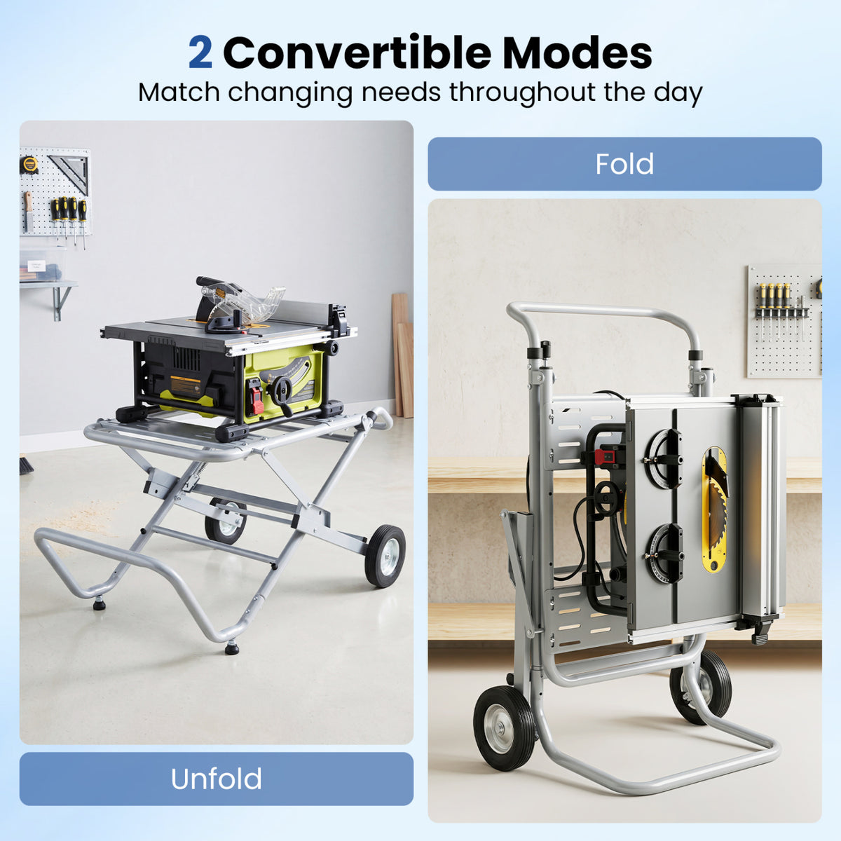 Portable Table Saw Stand Rolling Foldable Heavy Duty Metal Base with 8-Inch Rubber Wheels-Silver