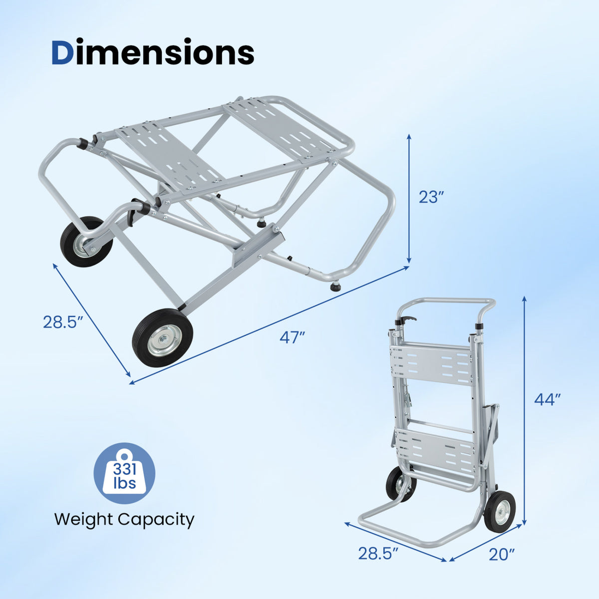Portable Table Saw Stand Rolling Foldable Heavy Duty Metal Base with 8-Inch Rubber Wheels-Silver