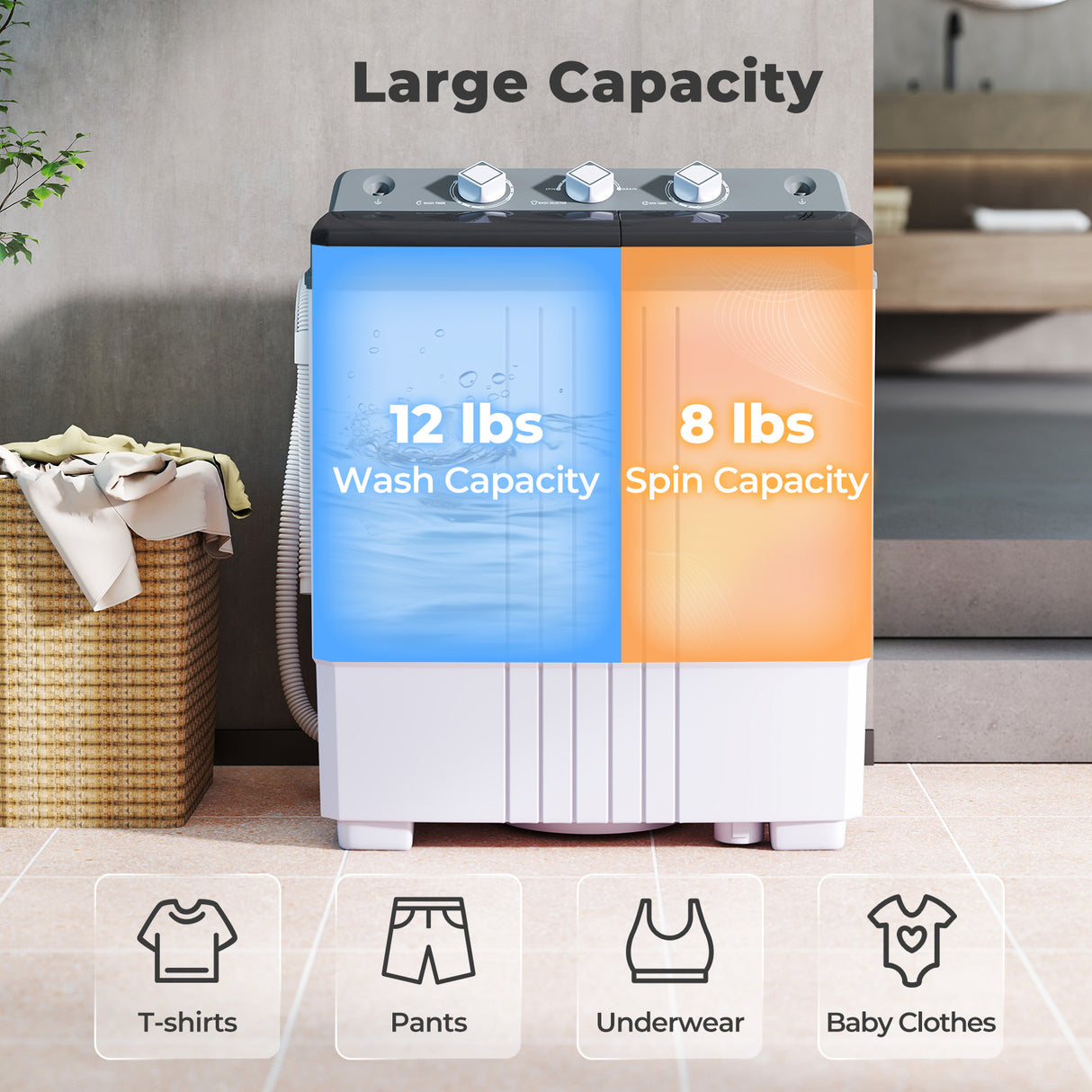 Portable Washing Machine with Built-in Drain Pump-Gray