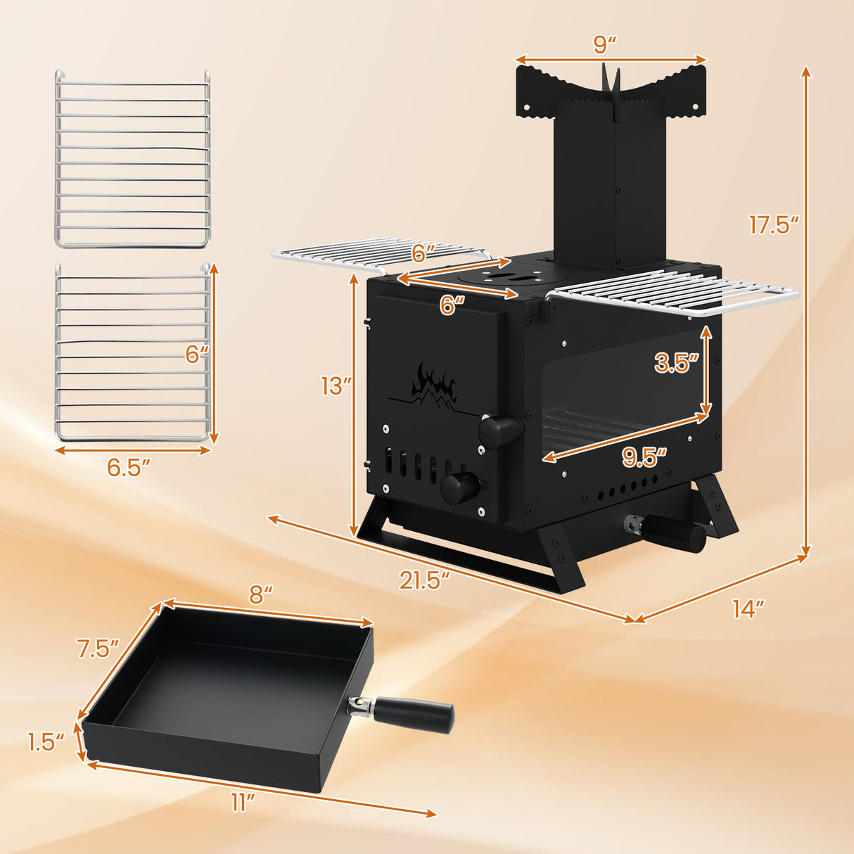 Portable Wood Burning Stove Mini Heater Burner with Pot Rack Oven Pan-Black