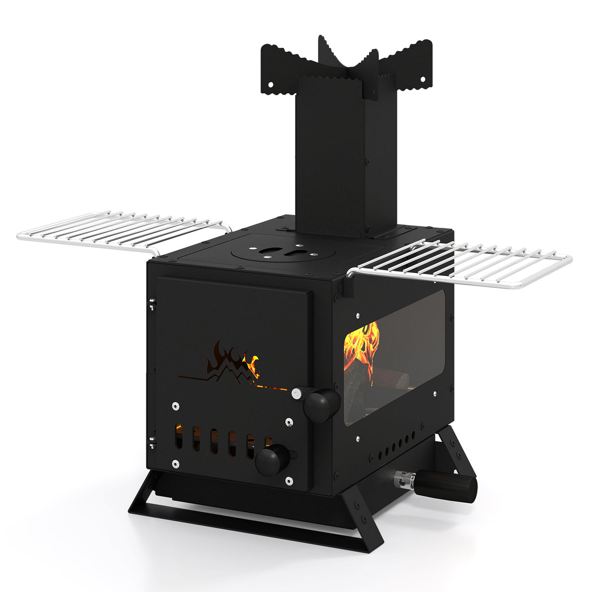 Portable Wood Burning Stove Mini Heater Burner with Pot Rack Oven Pan-Black