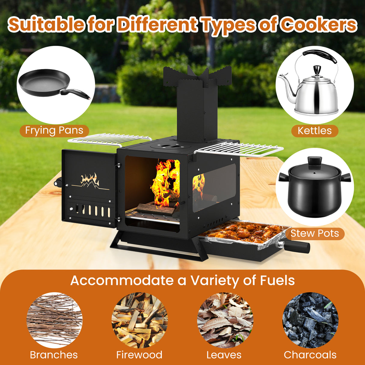 Portable Wood Burning Stove Mini Heater Burner with Pot Rack Oven Pan-Black