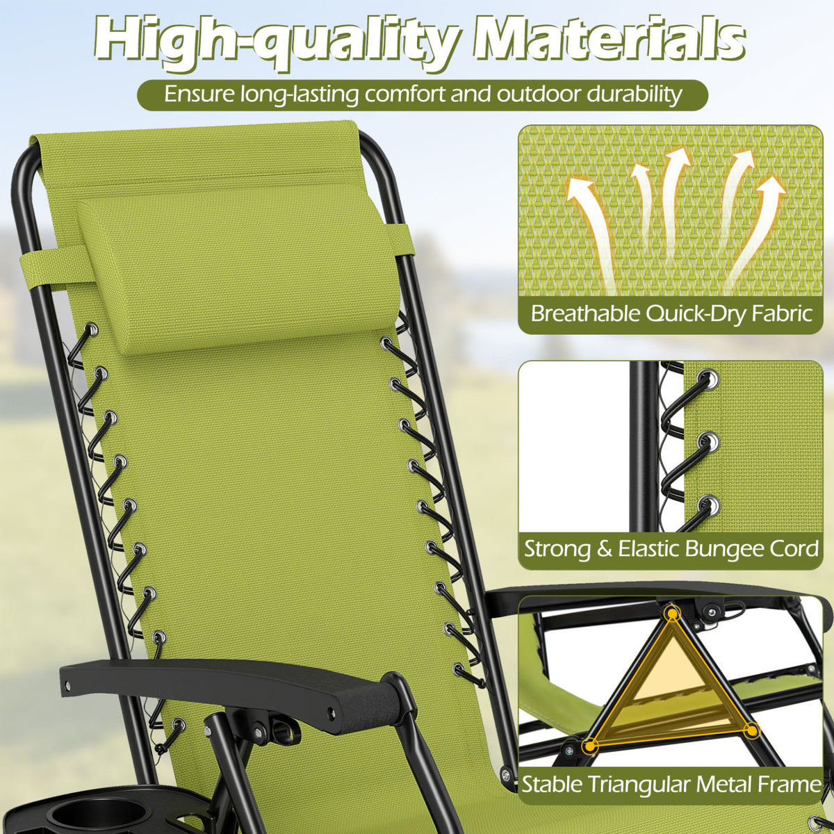 Portable Zero Gravity Chairs with Cup Holder Trays and Backrest-Green