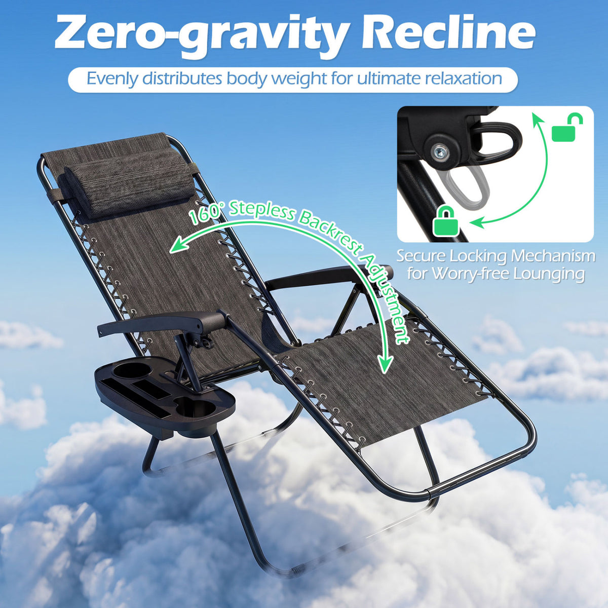 Portable Zero Gravity Chairs with Cup Holder Trays and Backrest Set of 2-Gray
