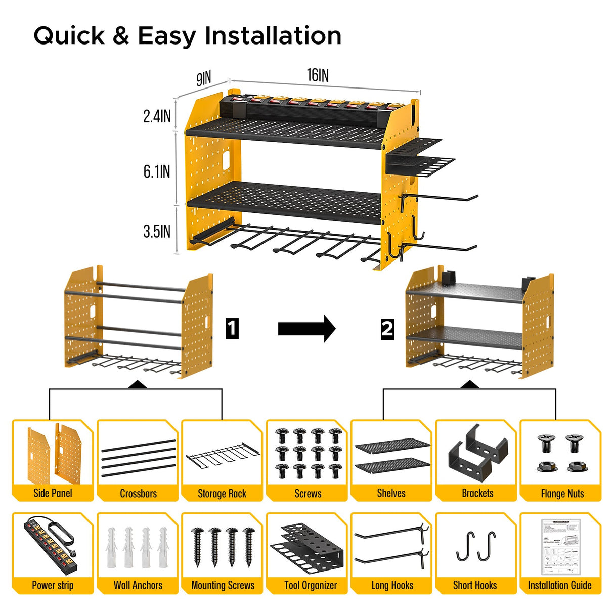Power Tool Organizer Wall Mount, Cordless Drill Holder with 8-Outlet Power Strip, Modular Garage Organization Storage Rack 36 Months Warranty