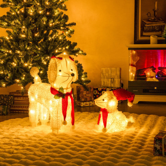 Pre-lit Mama and Baby Poodle Dogs with 60 Warm White LED Lights