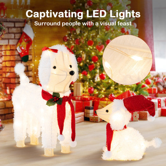 Pre-lit Mama and Baby Poodle Dogs with 60 Warm White LED Lights