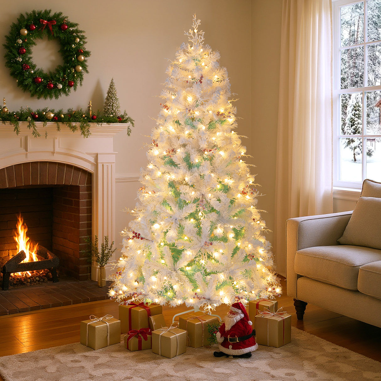 Pre-Lit Artificial Christmas Tree with Snow Flocked Branch Tips-S