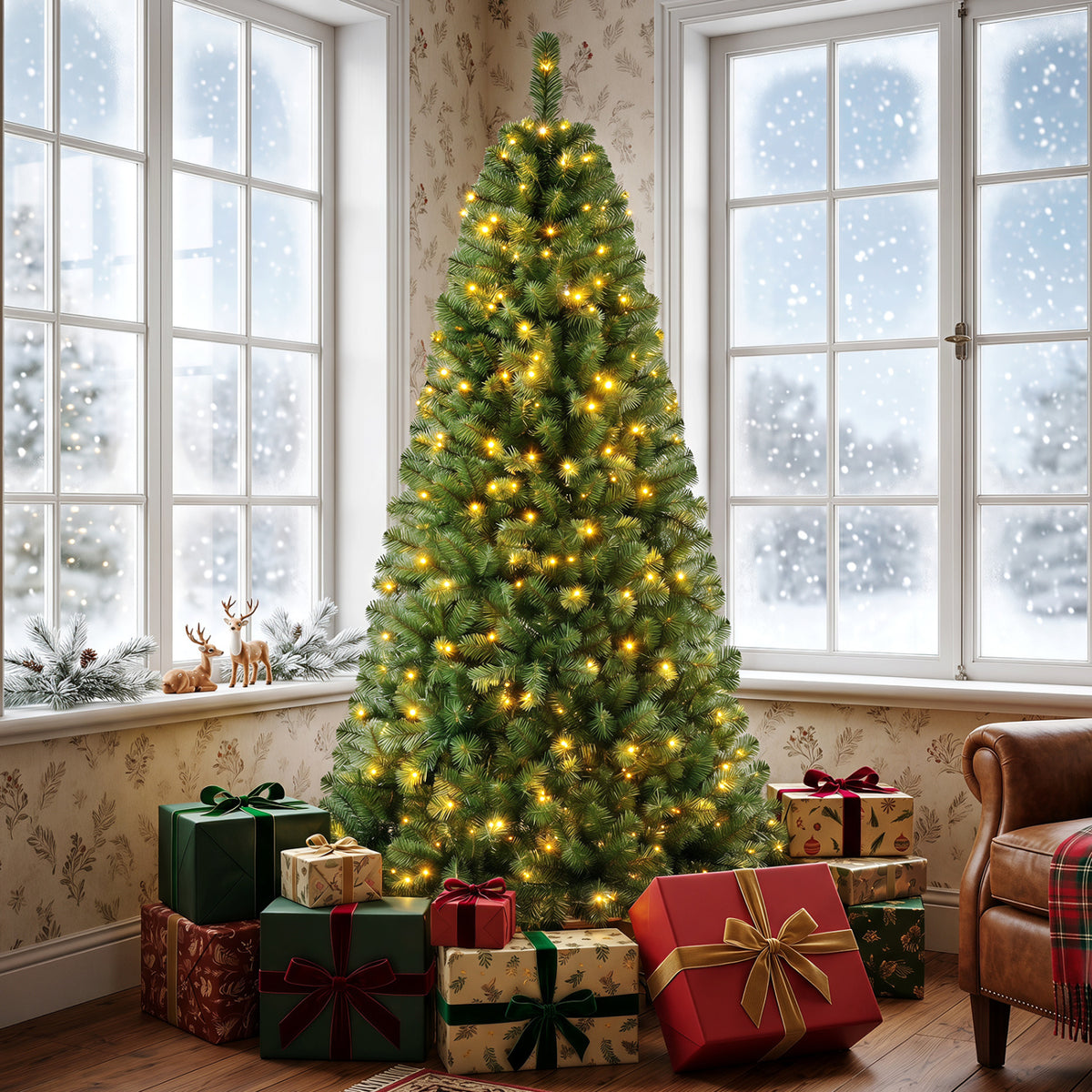 Pre-Lit Green Artificial Christmas Tree with Full Branch Tips-7 Feet